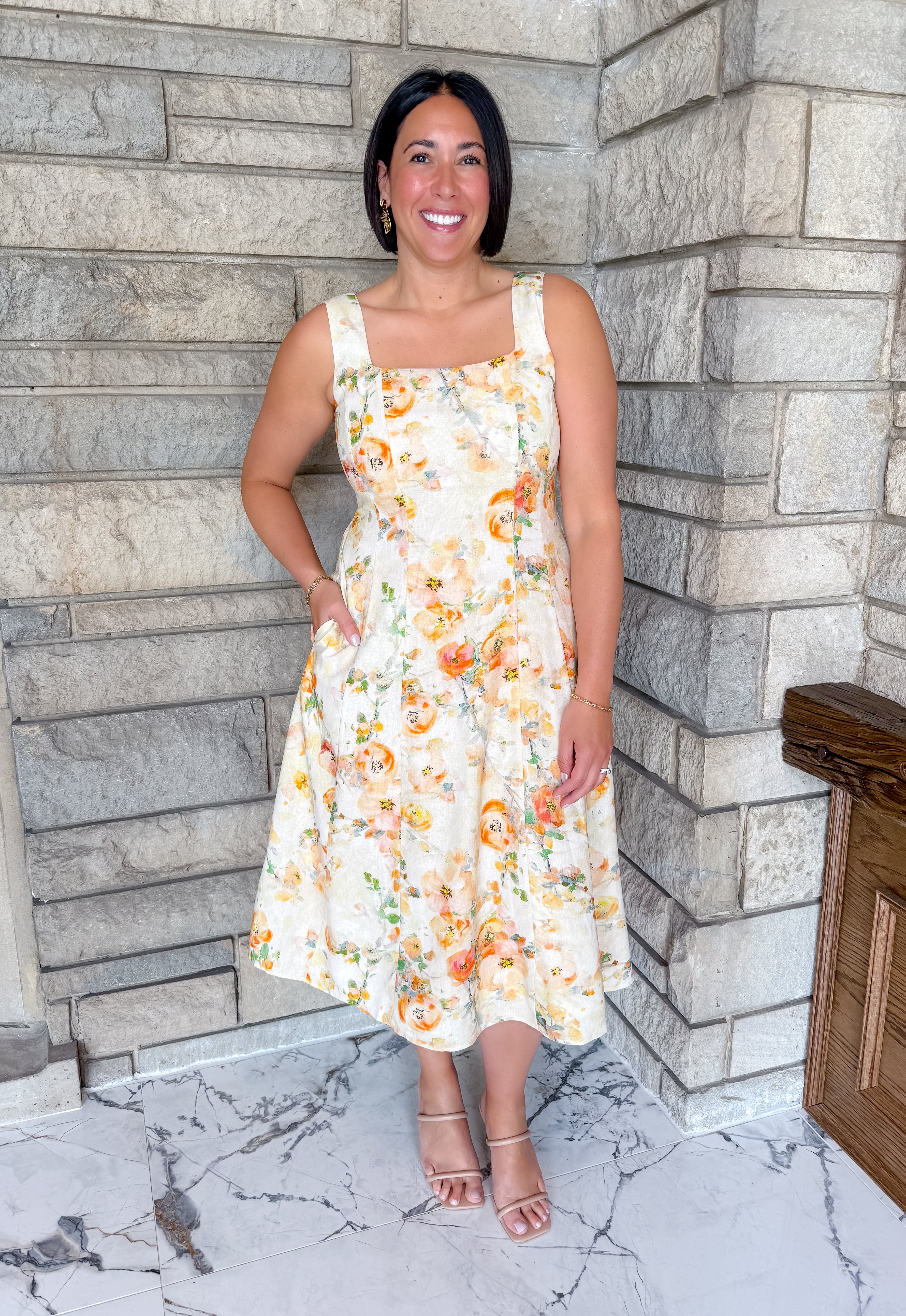 yellow dress with orange flowers
square neck tank midi dress