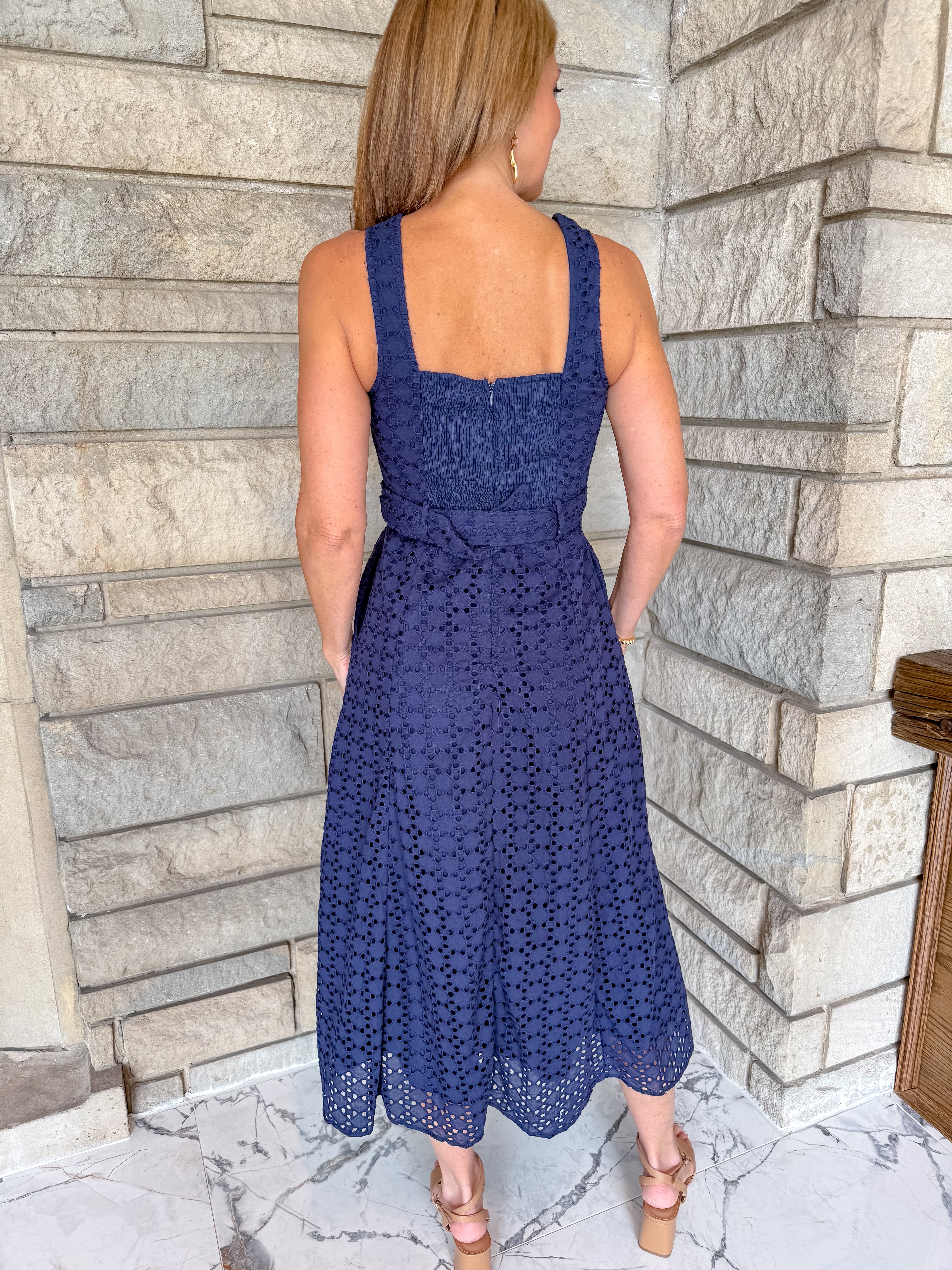 Julisa Eyelet Button Belted Midi Dress