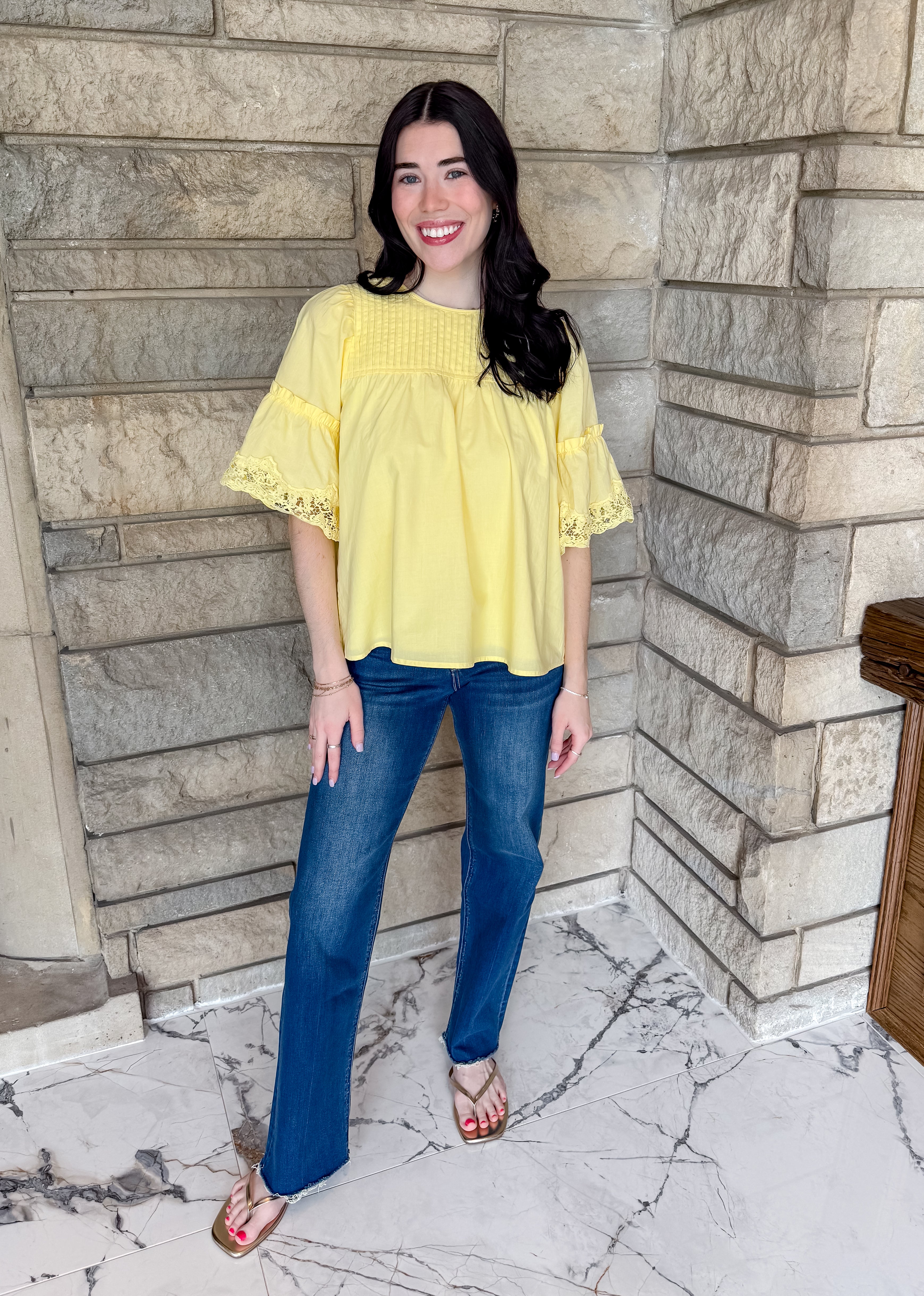 yellow pintuck blouse, bell sleeves with lace trim