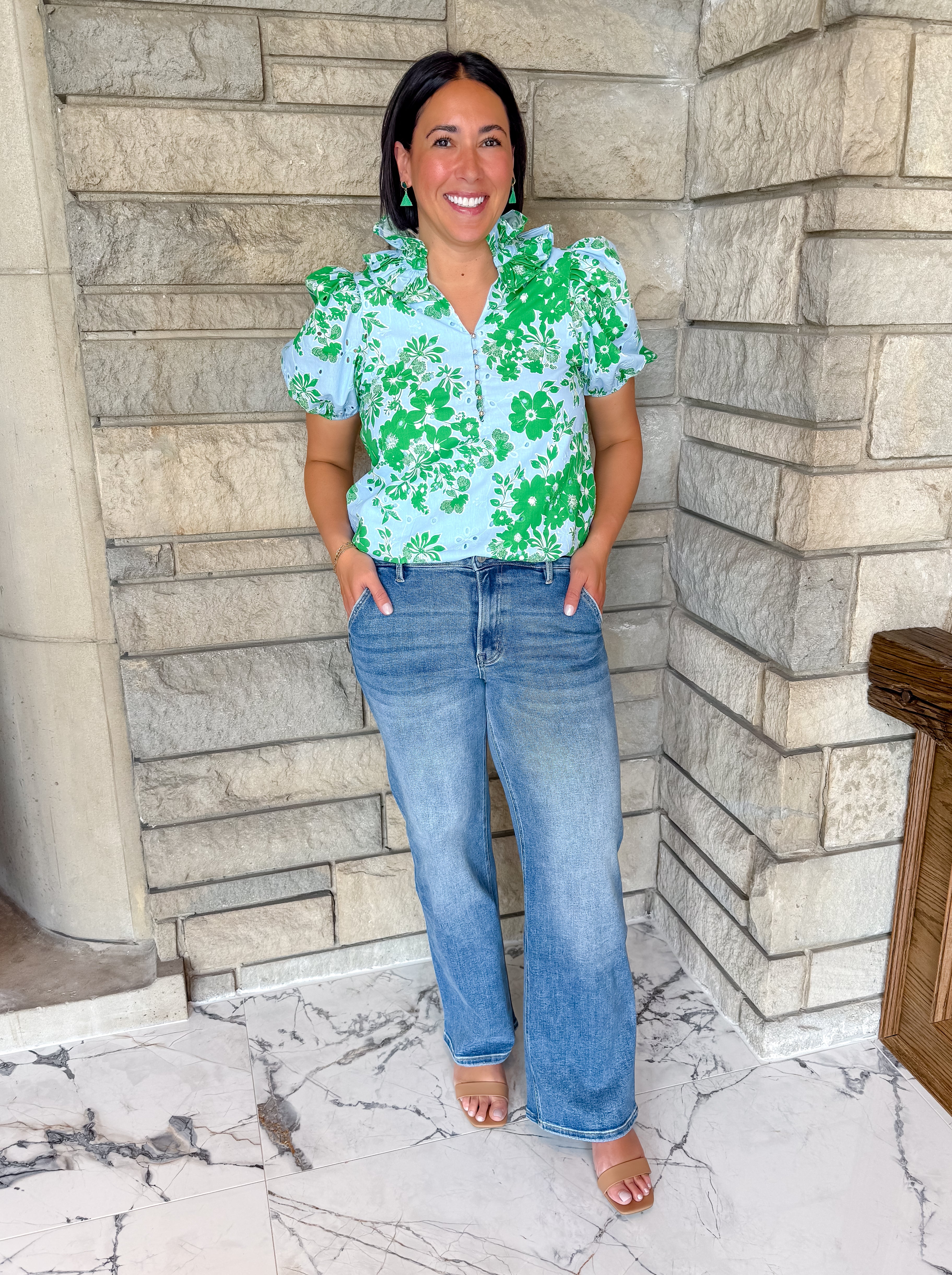light blue top with kelly green flowers
eyelet top
double ruffle neck 
puff sleeves
gold button top