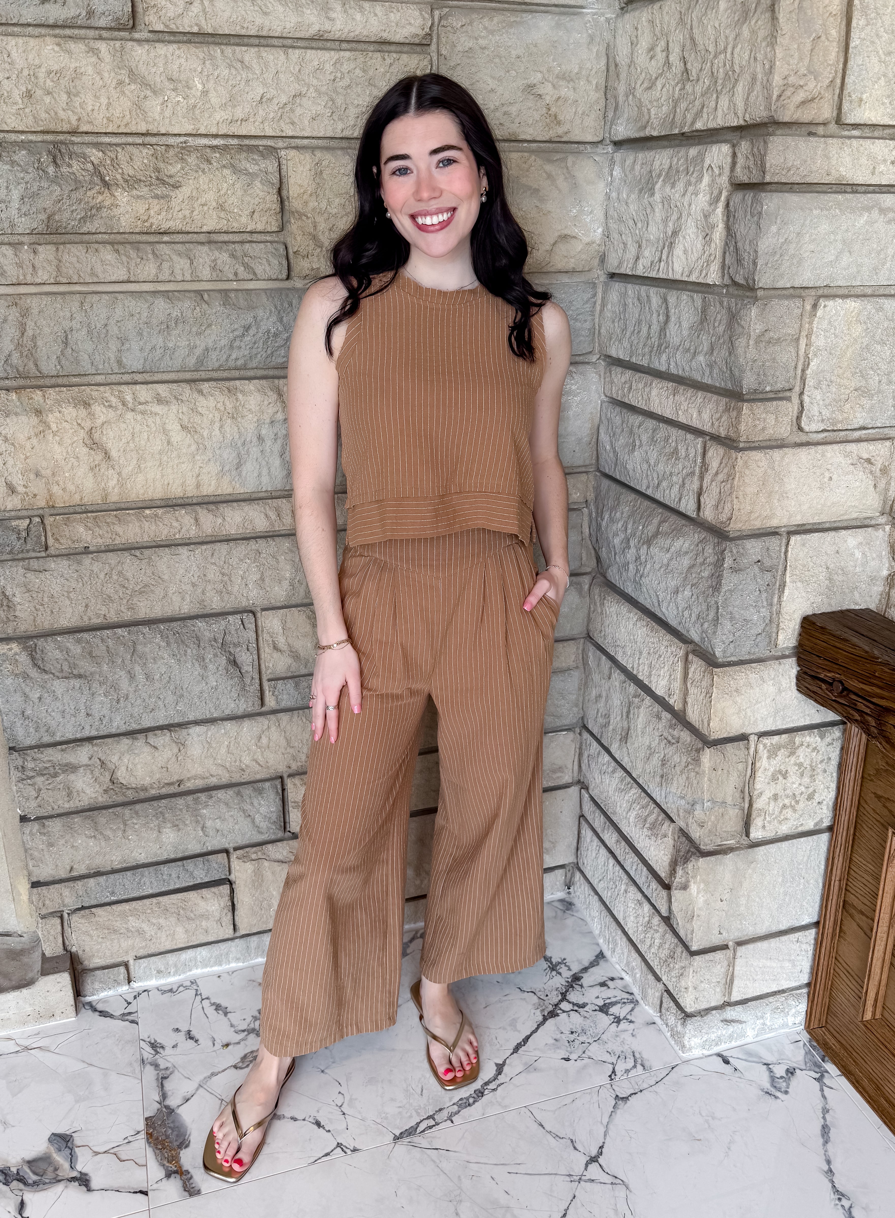 Light brown tank and pants set
pinstripes