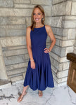 navy midi dress
high neckline
flared skirt