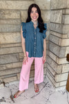 Sleeveless denim shirt 
ruffle sleeves
buttons