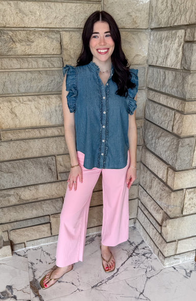 Light pink ankle length wide leg pants raw hem