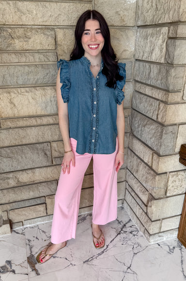 Sleeveless denim shirt 
ruffle sleeves
buttons