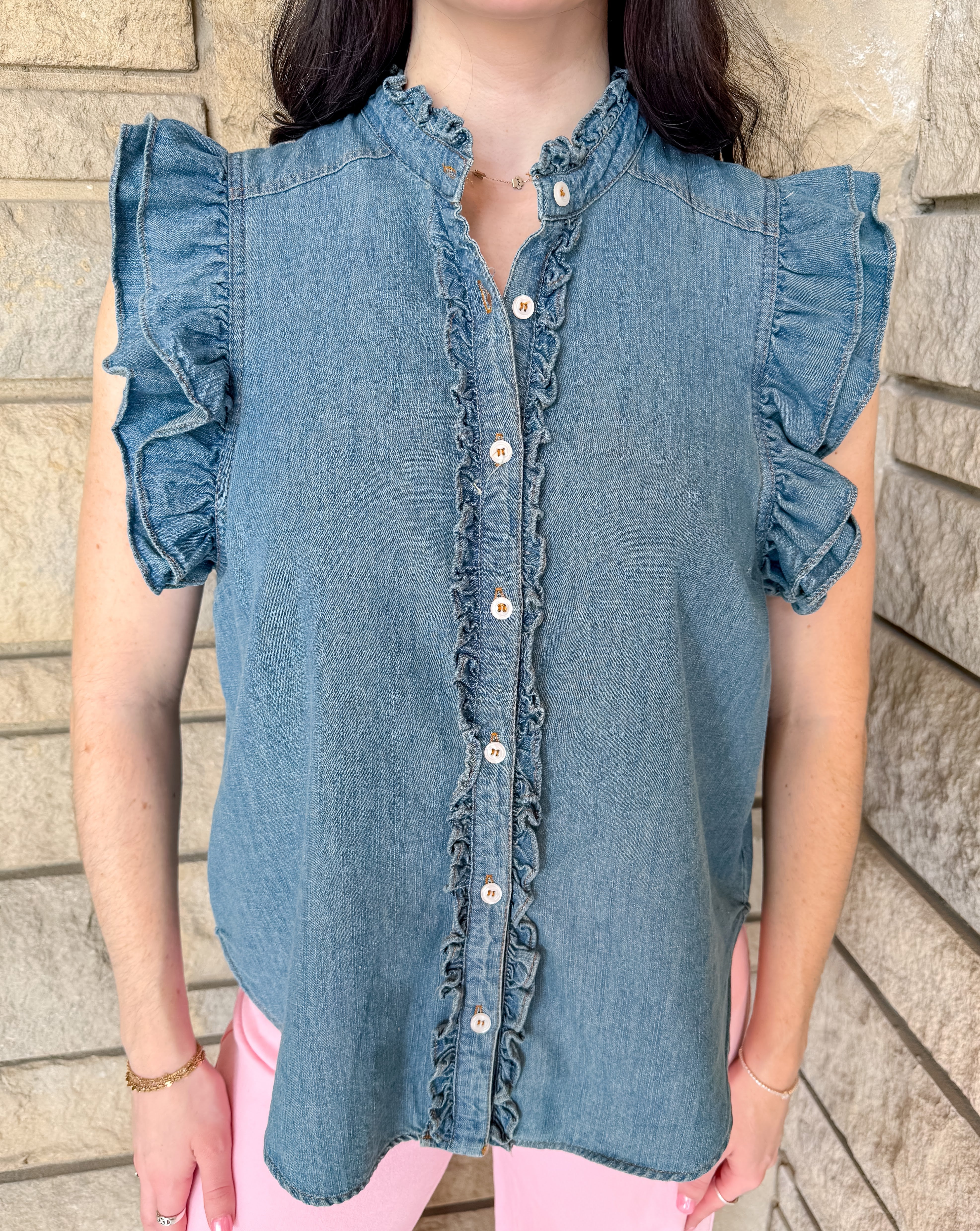 Cordelia Washed Denim Ruffle Top