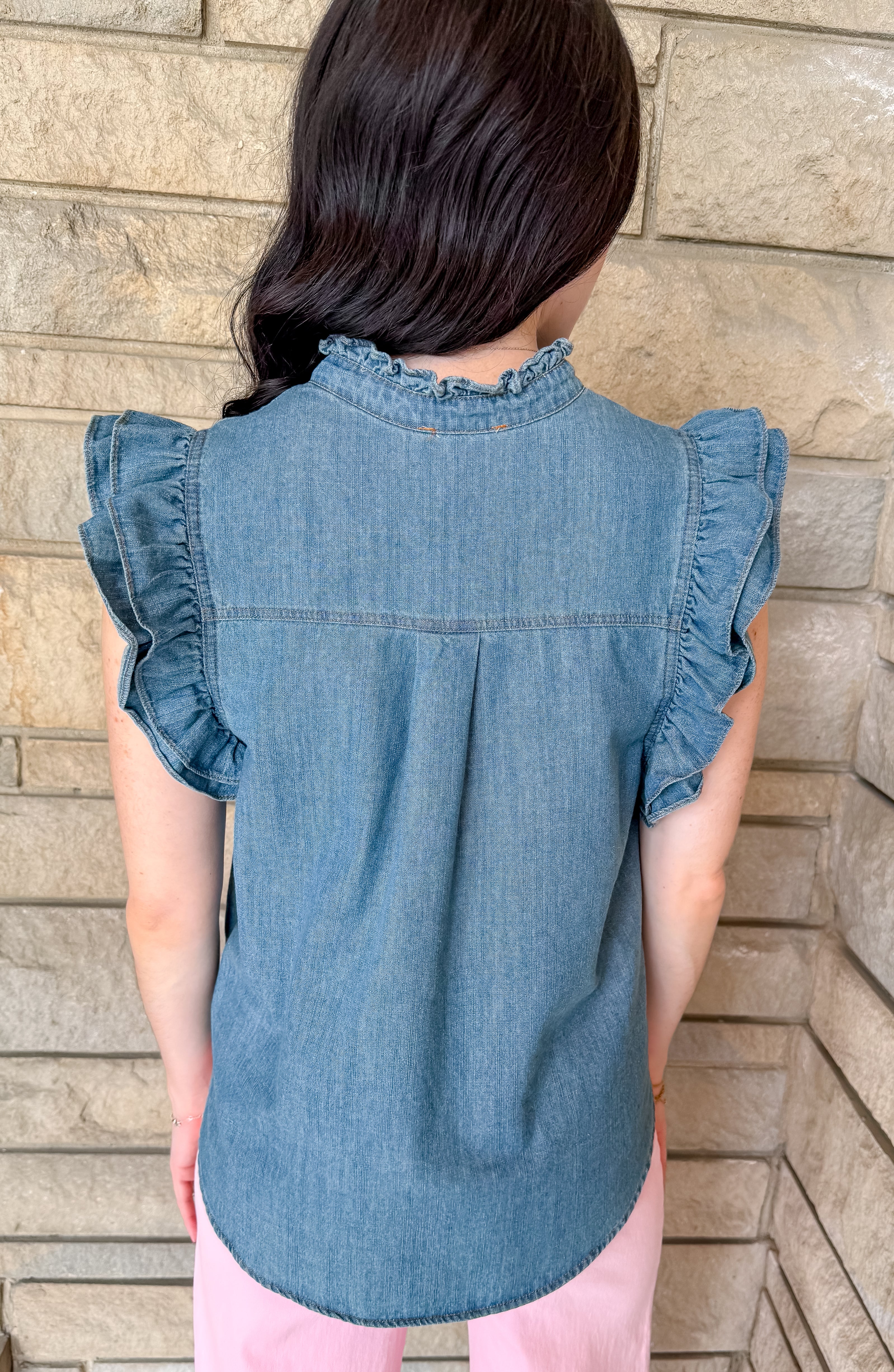 Cordelia Washed Denim Ruffle Top