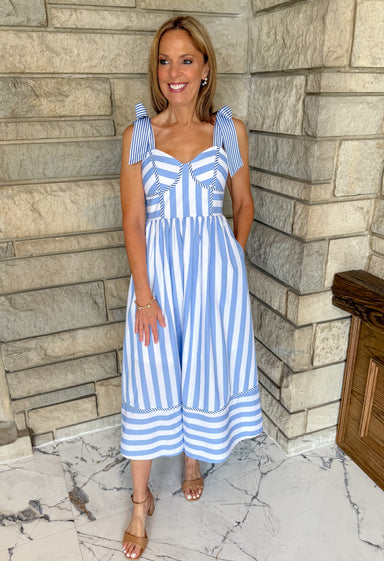 light blue and white striped dress tie should midi length