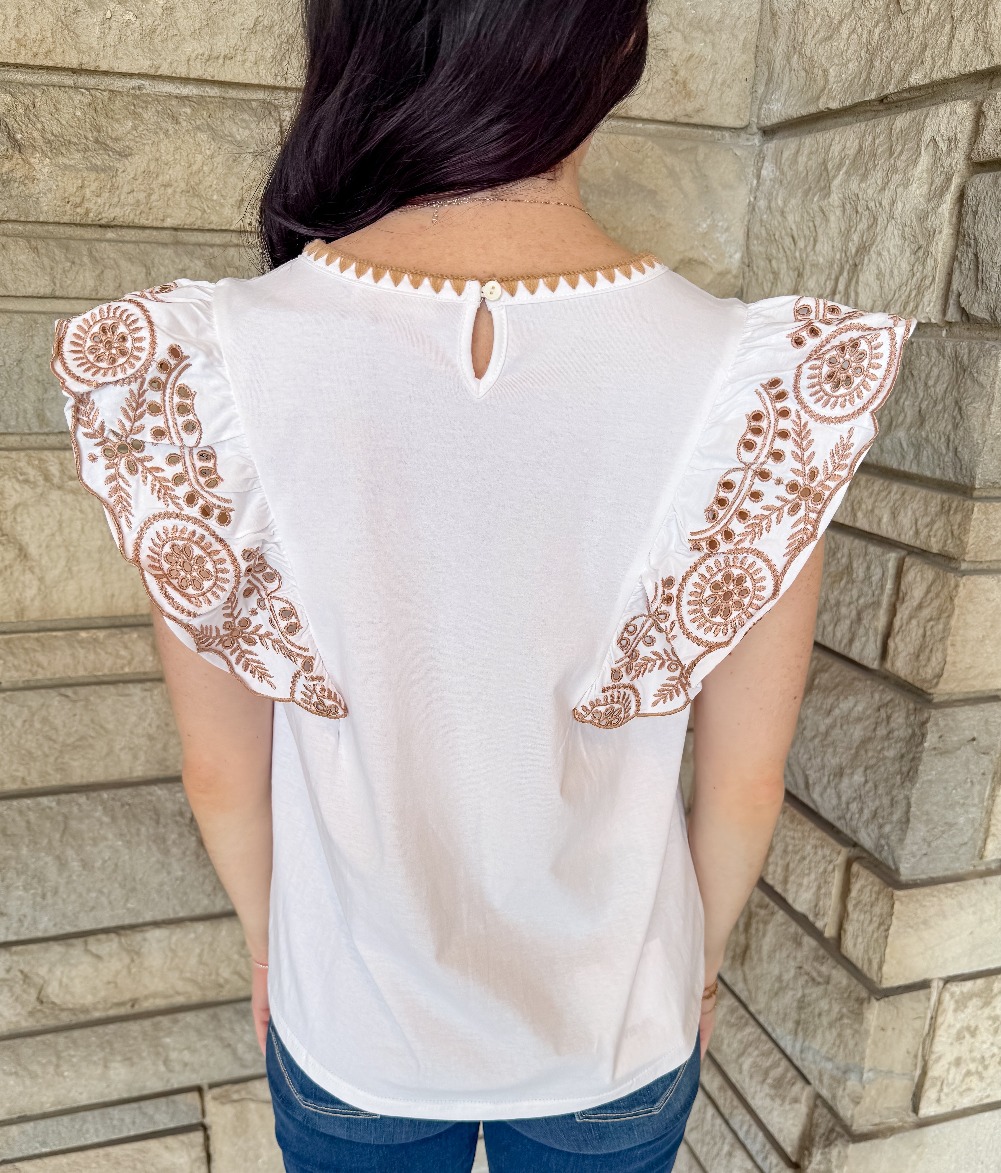 Karter Embroidered Ruffle Sleeve Top