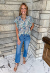 blue floral print top ruffle sleeves buttons