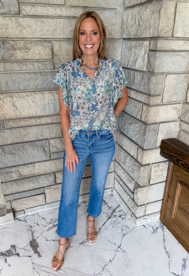 blue floral print top ruffle sleeves buttons