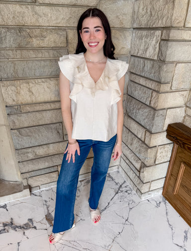 ruffle front sleeveless top natural color linen
