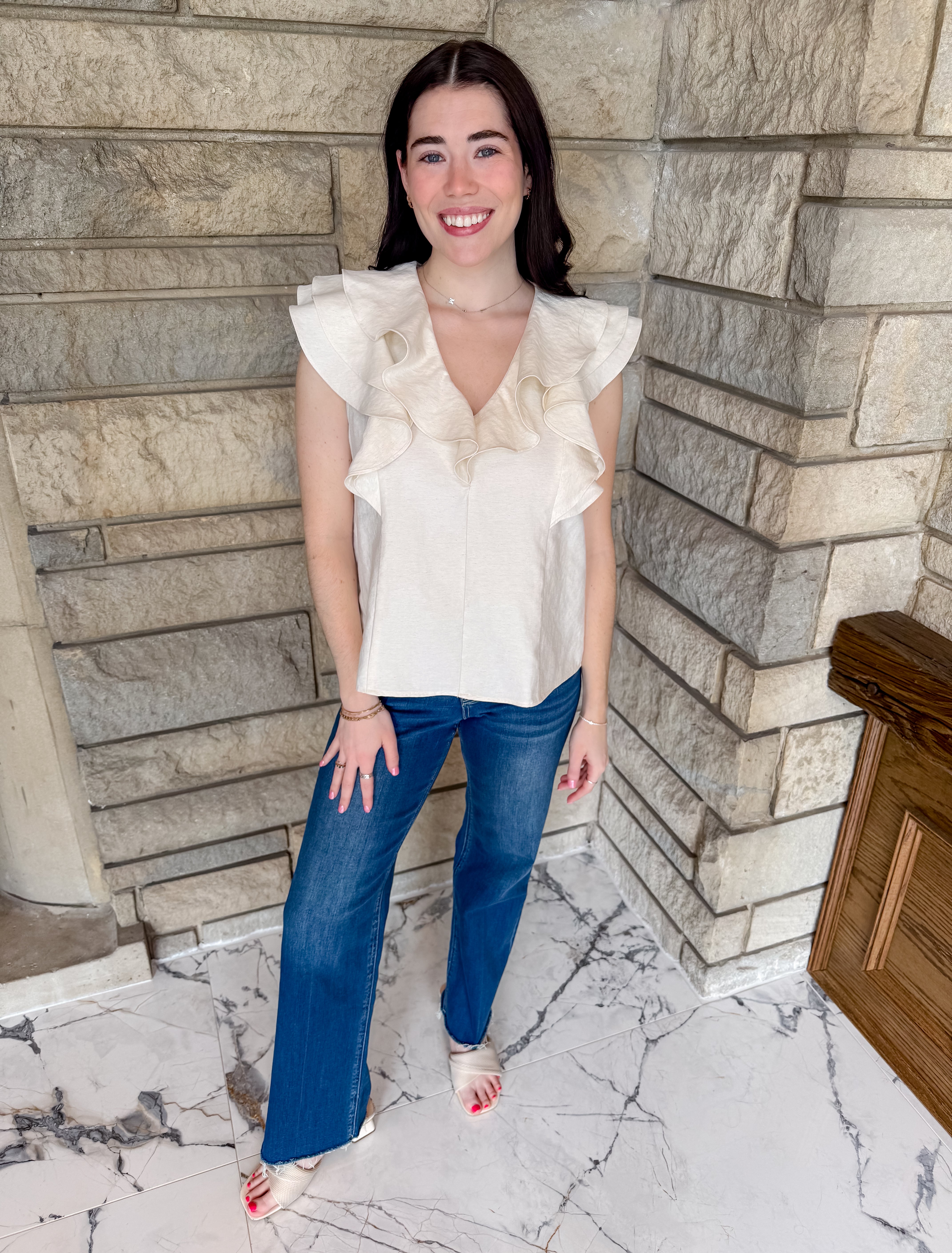 ruffle front sleeveless top natural color linen