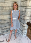 striped dress 
striped banded waistband and trim
mini ruffle shoulder