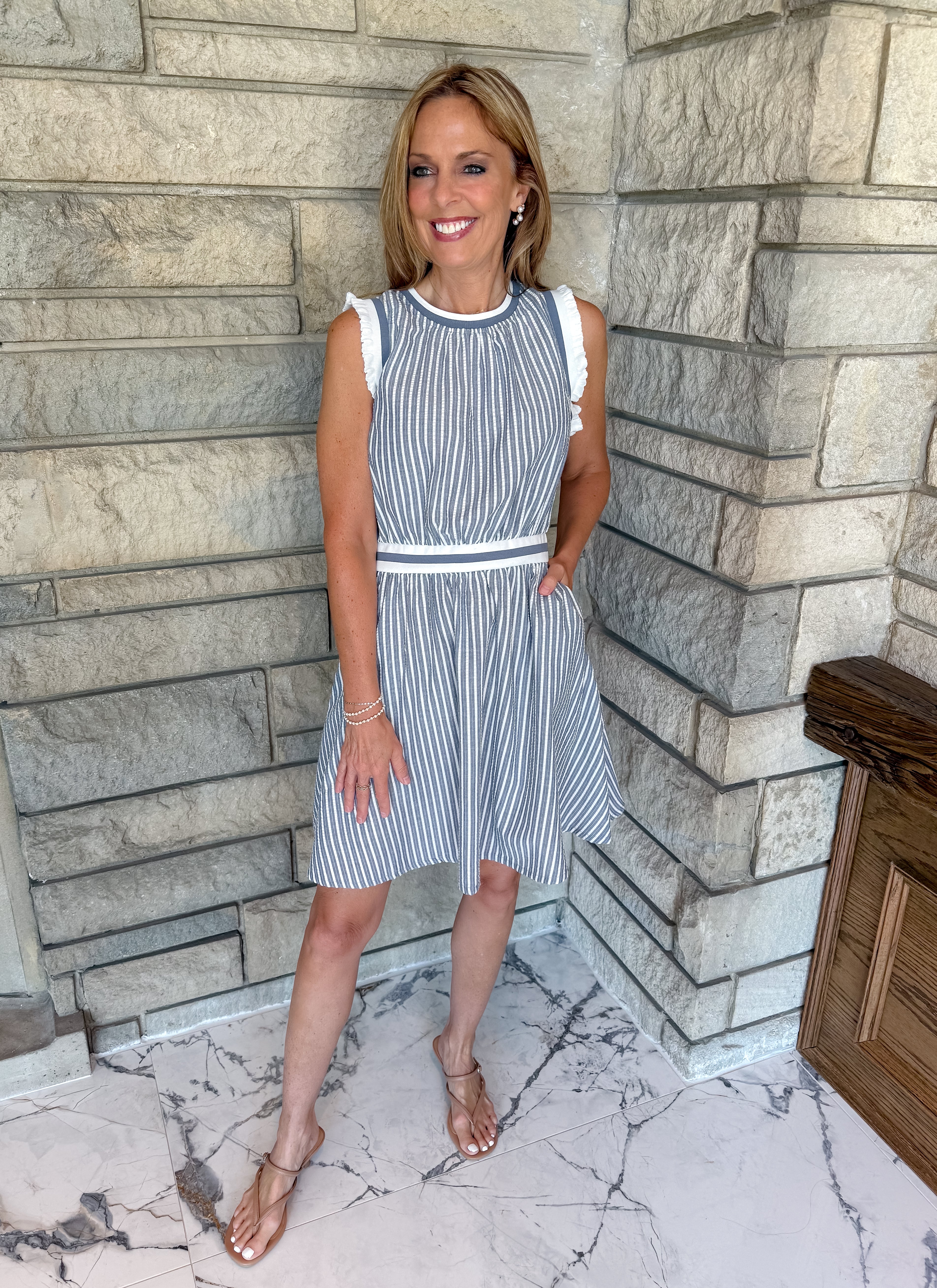 striped dress 
striped banded waistband and trim
mini ruffle shoulder