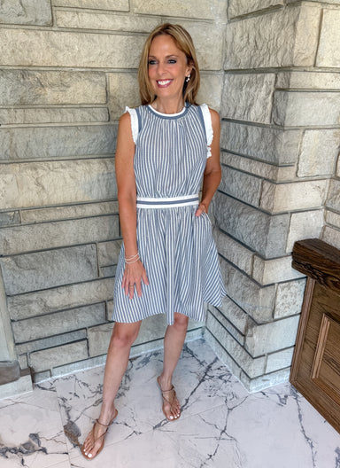 striped dress 
striped banded waistband and trim
mini ruffle shoulder