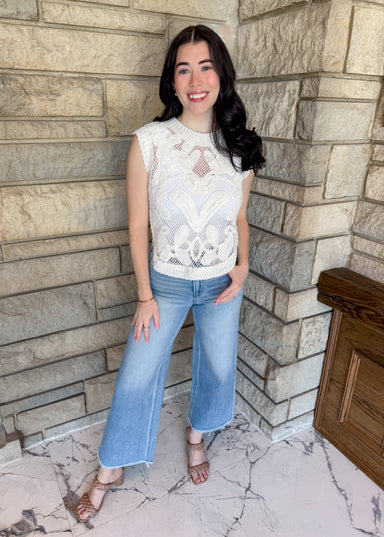 white crochet lace and mesh sleeveless top