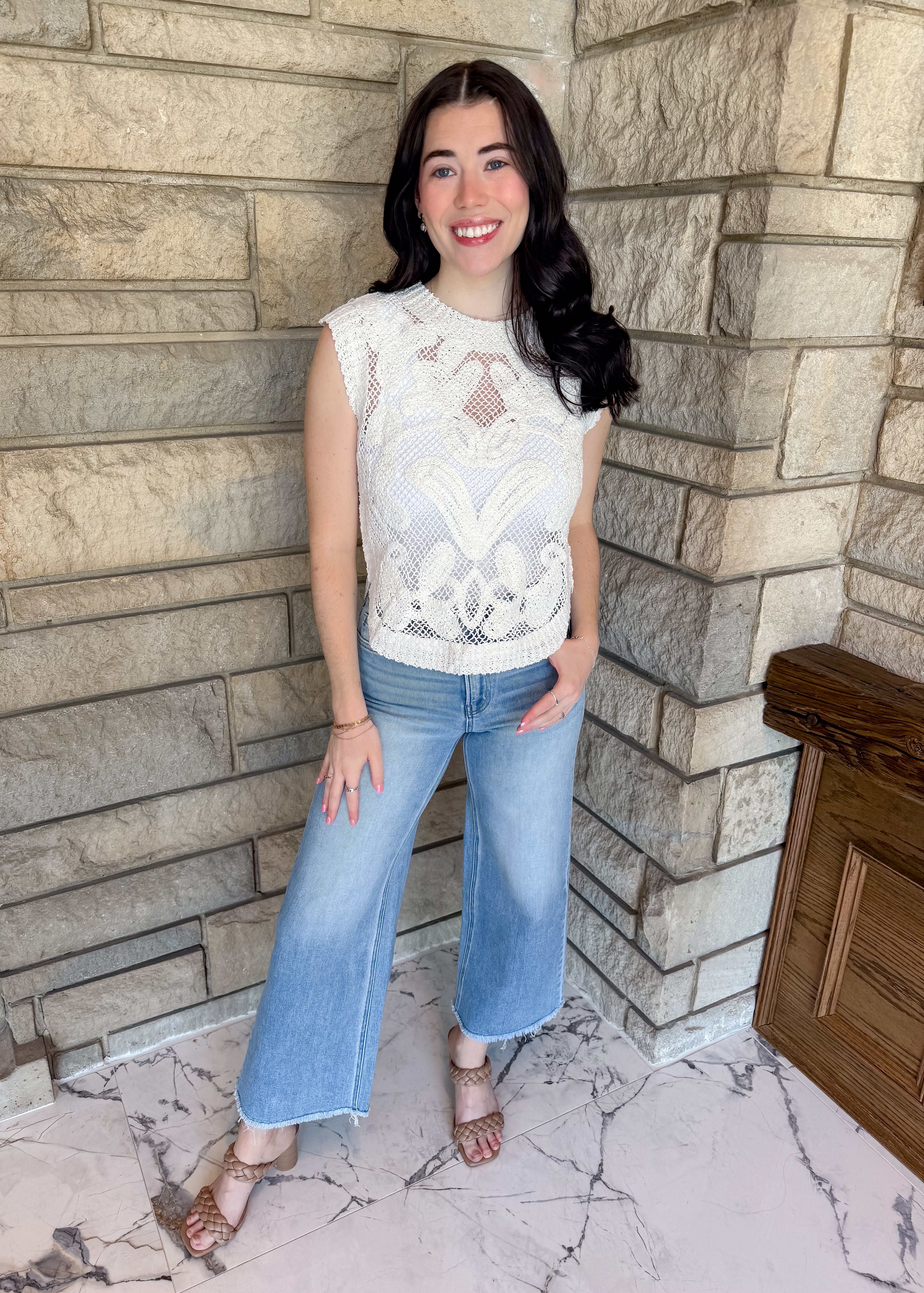 white crochet lace and mesh sleeveless top