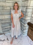 Taupe striped midi dress
ruffle sleeves
elastic smocking at waist