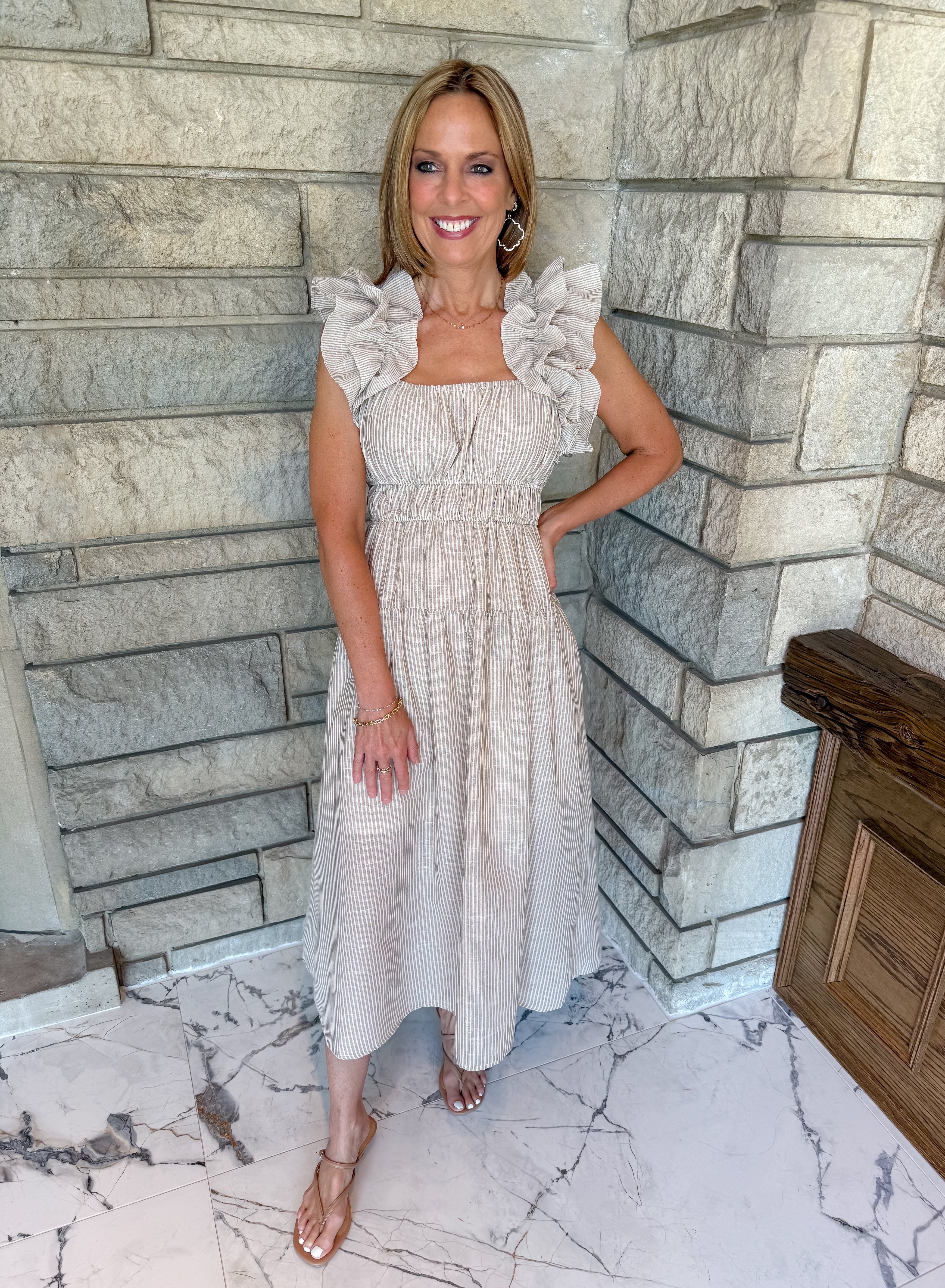 Taupe striped midi dress
ruffle sleeves
elastic smocking at waist