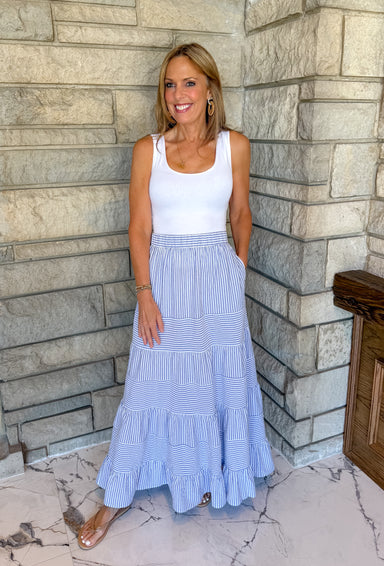 Long strioed maxi skirt light blue and white elastic waist tiered ruffle
