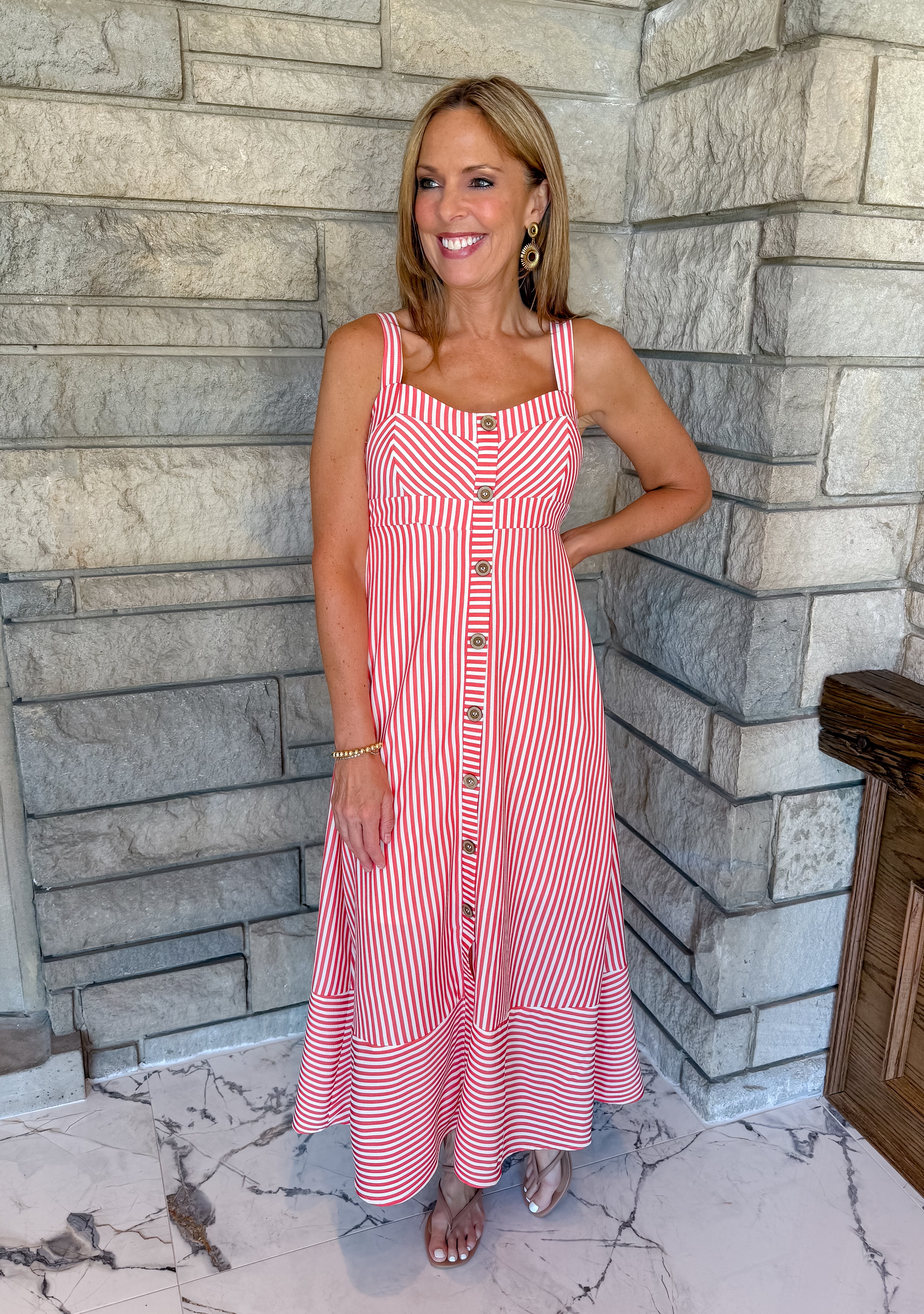 red pinstripe dress buttons maxi 