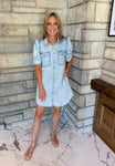 washed denim dress ruffle shoulder detail buttons patch pocket collar