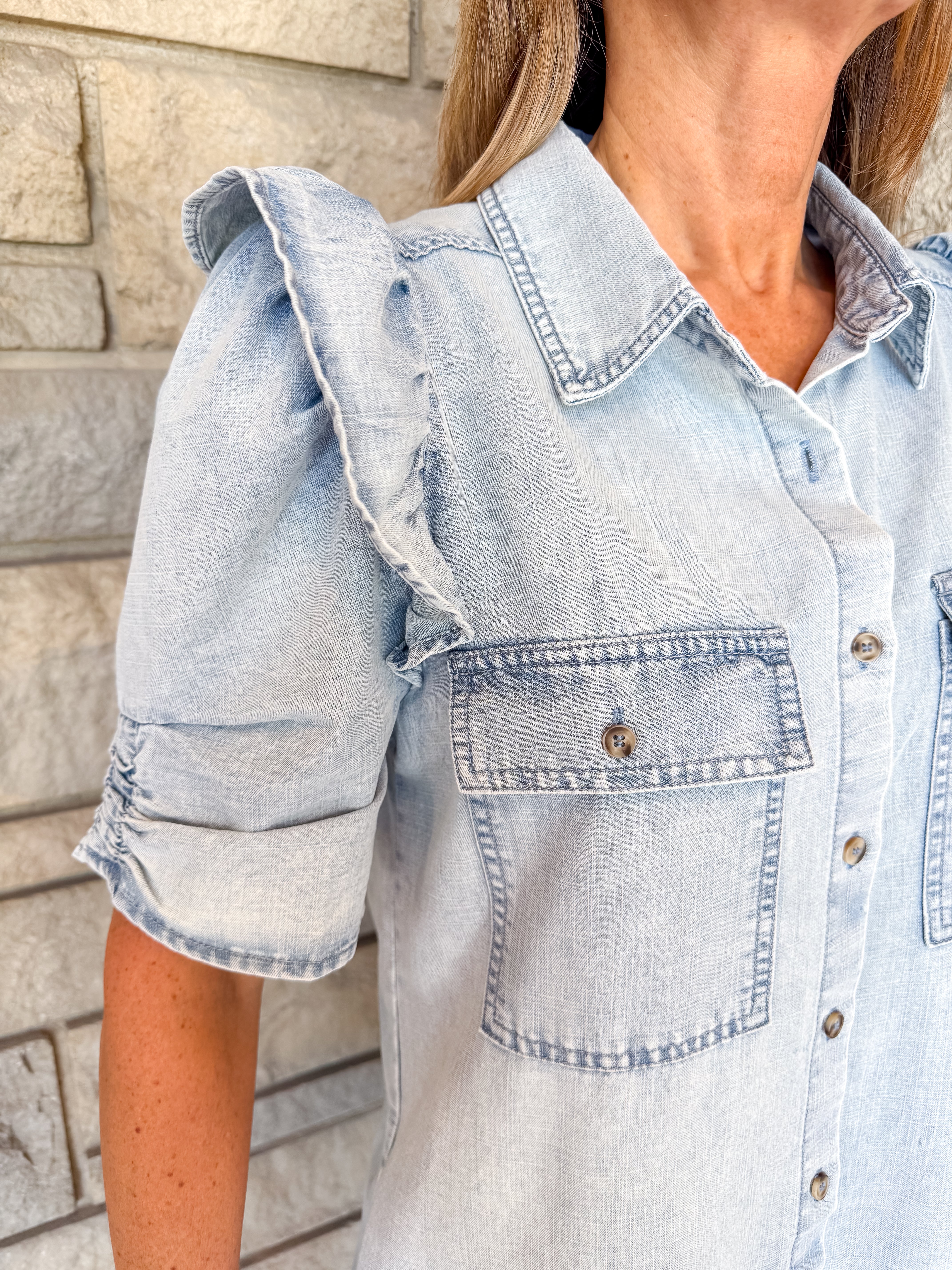 Hannah Washed Denim Ruffle Shirt Dress