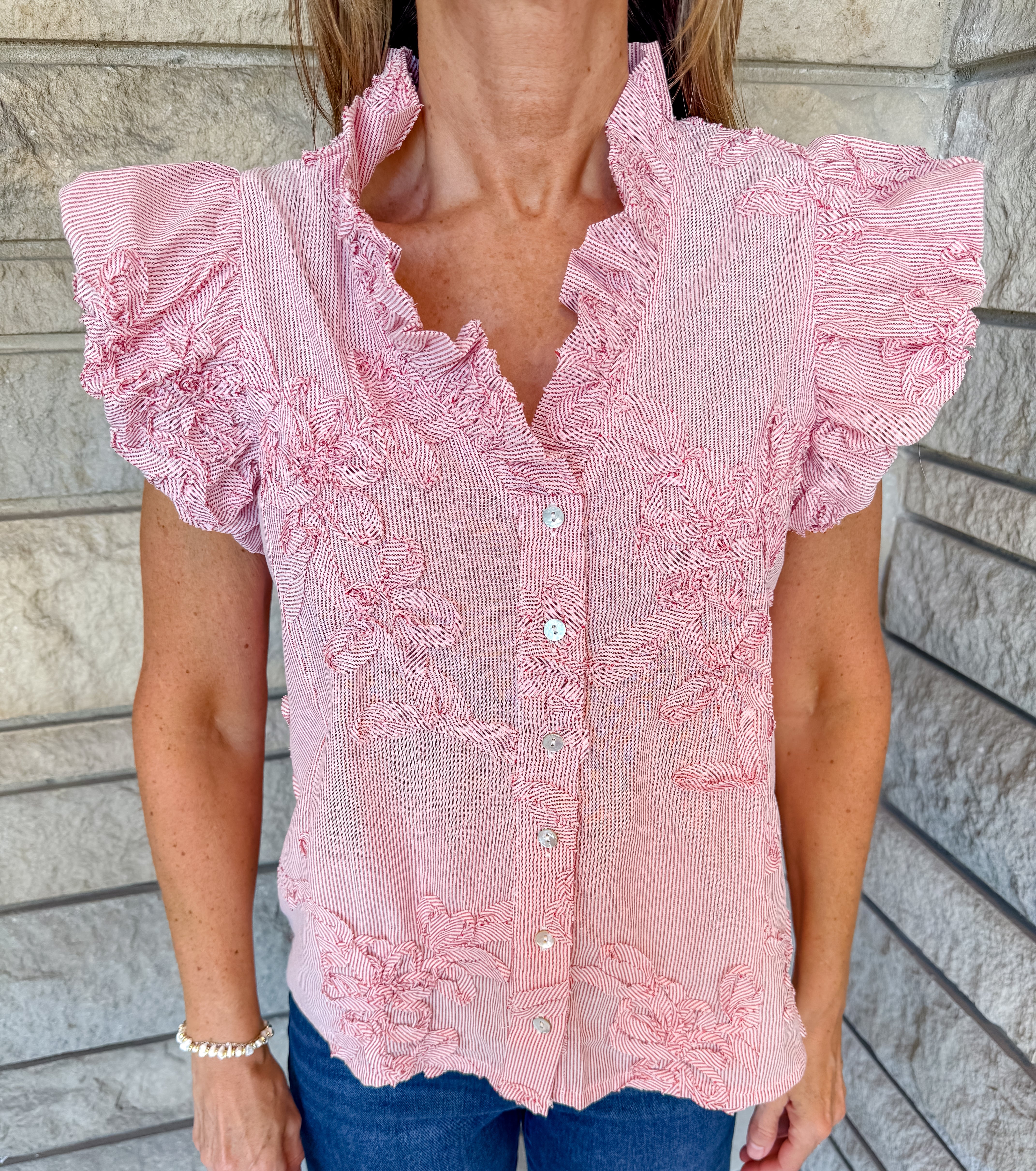 Jada Striped 3D Ruffle Button Top