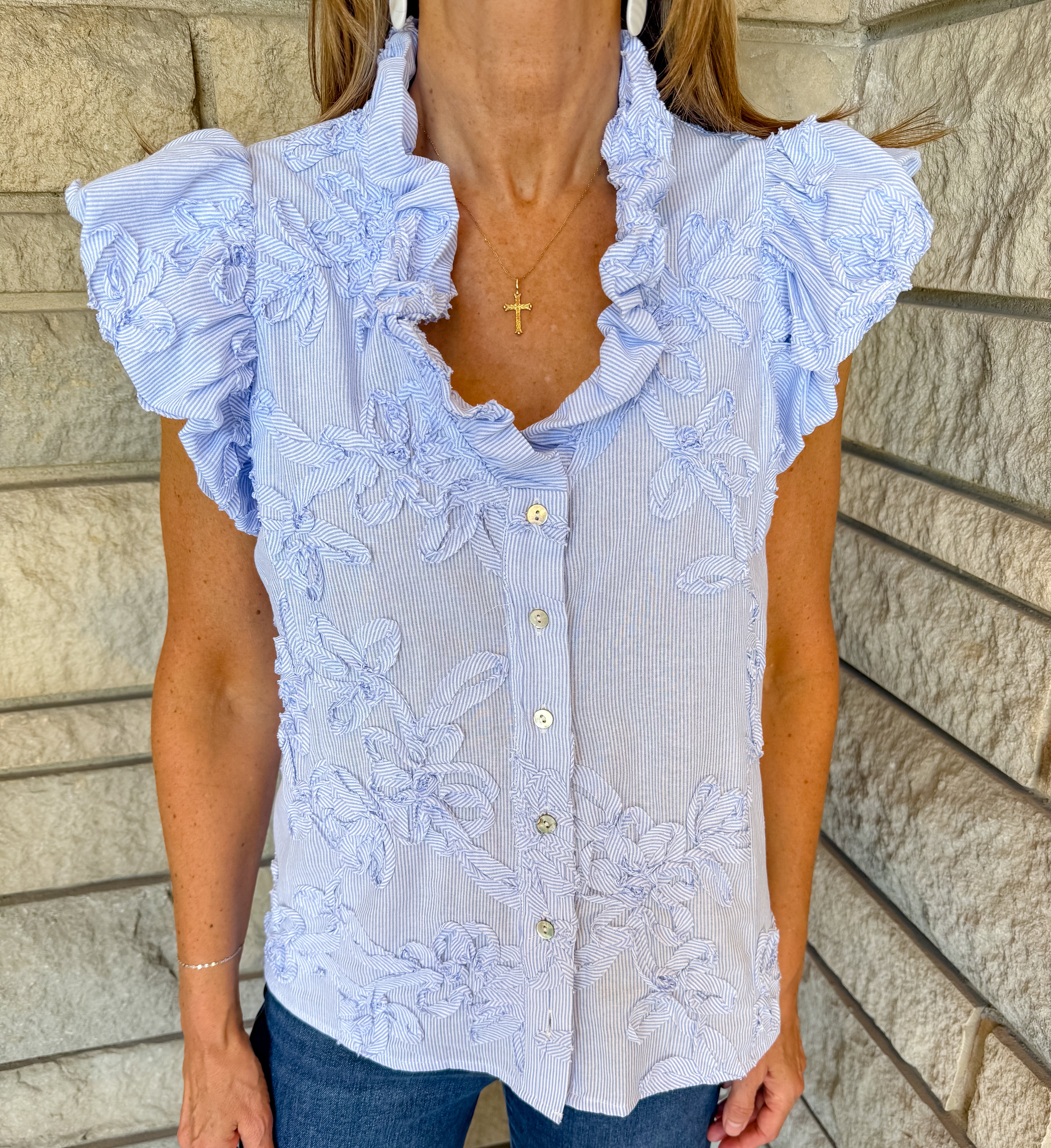 Jada Striped 3D Ruffle Button Top