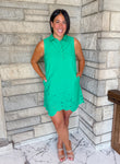collared sleeveless shirt dress embroidered trim scalloped hem bright green dress