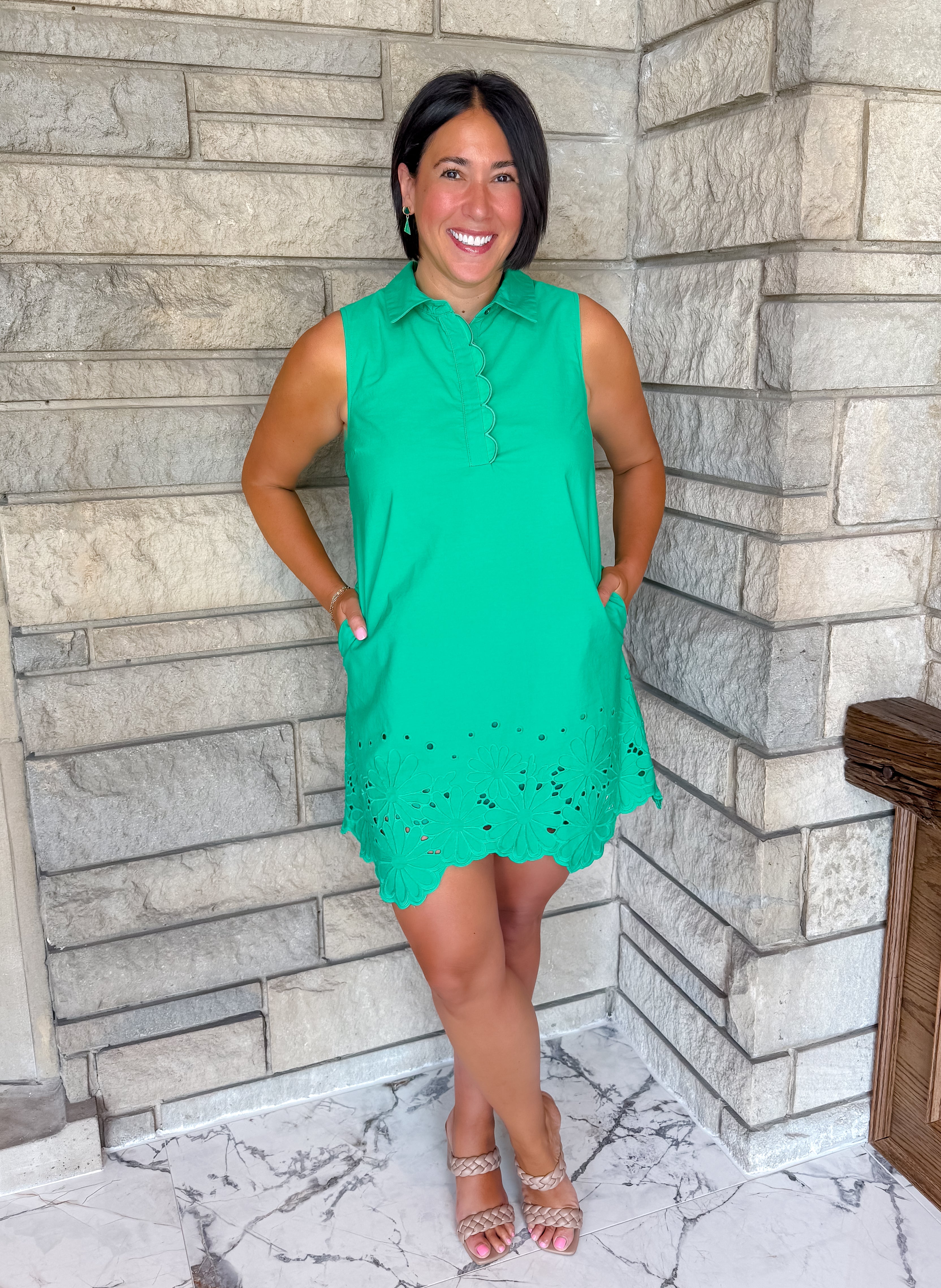 collared sleeveless shirt dress embroidered trim scalloped hem bright green dress