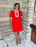 red short sleeve casual dress puff sleeves striped trim