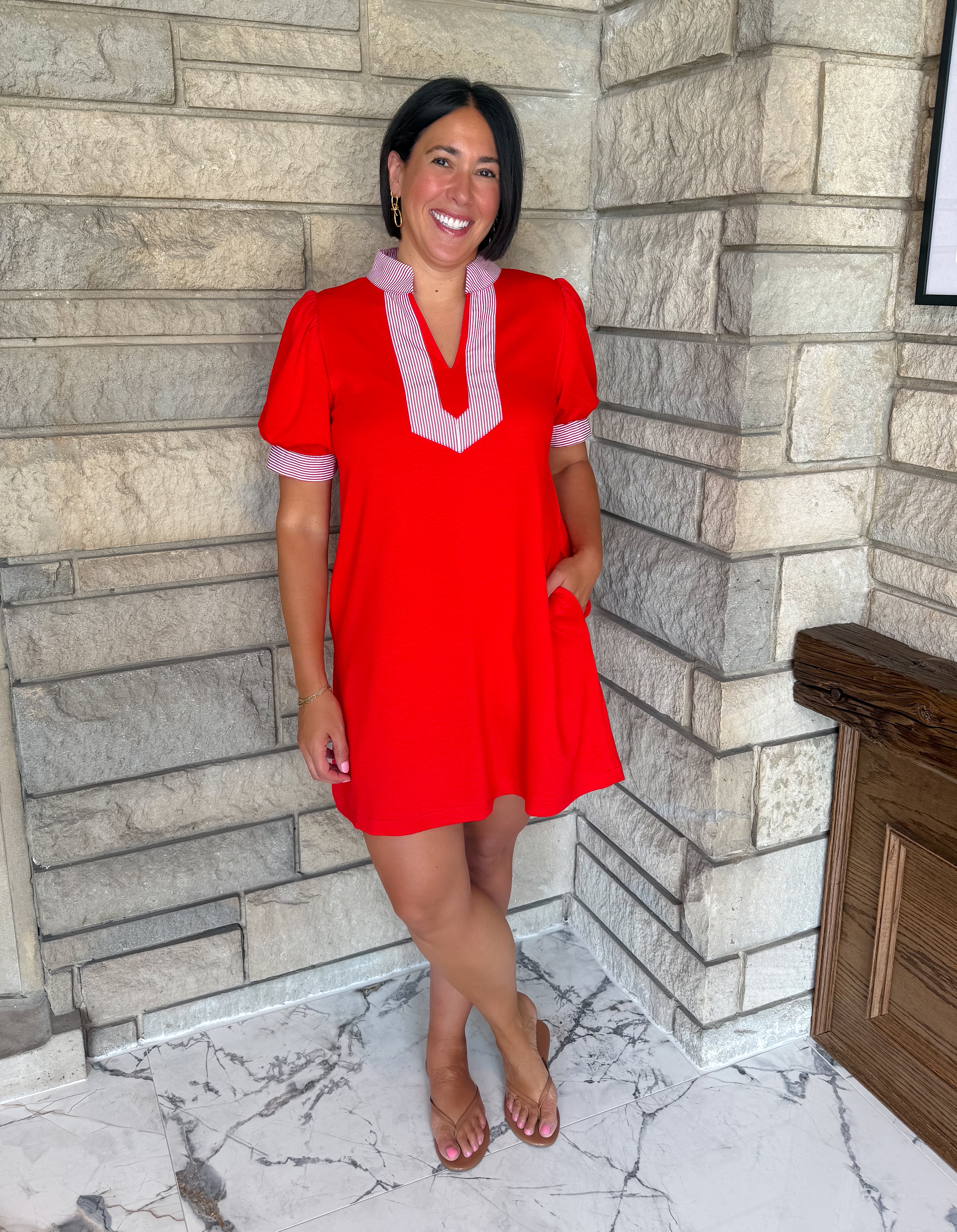 red short sleeve casual dress puff sleeves striped trim