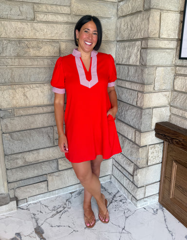 red short sleeve casual dress puff sleeves striped trim