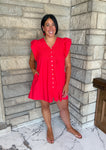 v neck short dress with buttons and pintuck front flutter sleeves