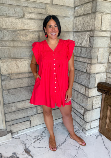 v neck short dress with buttons and pintuck front flutter sleeves