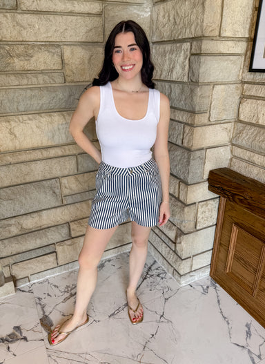 Navy and white striped shorts