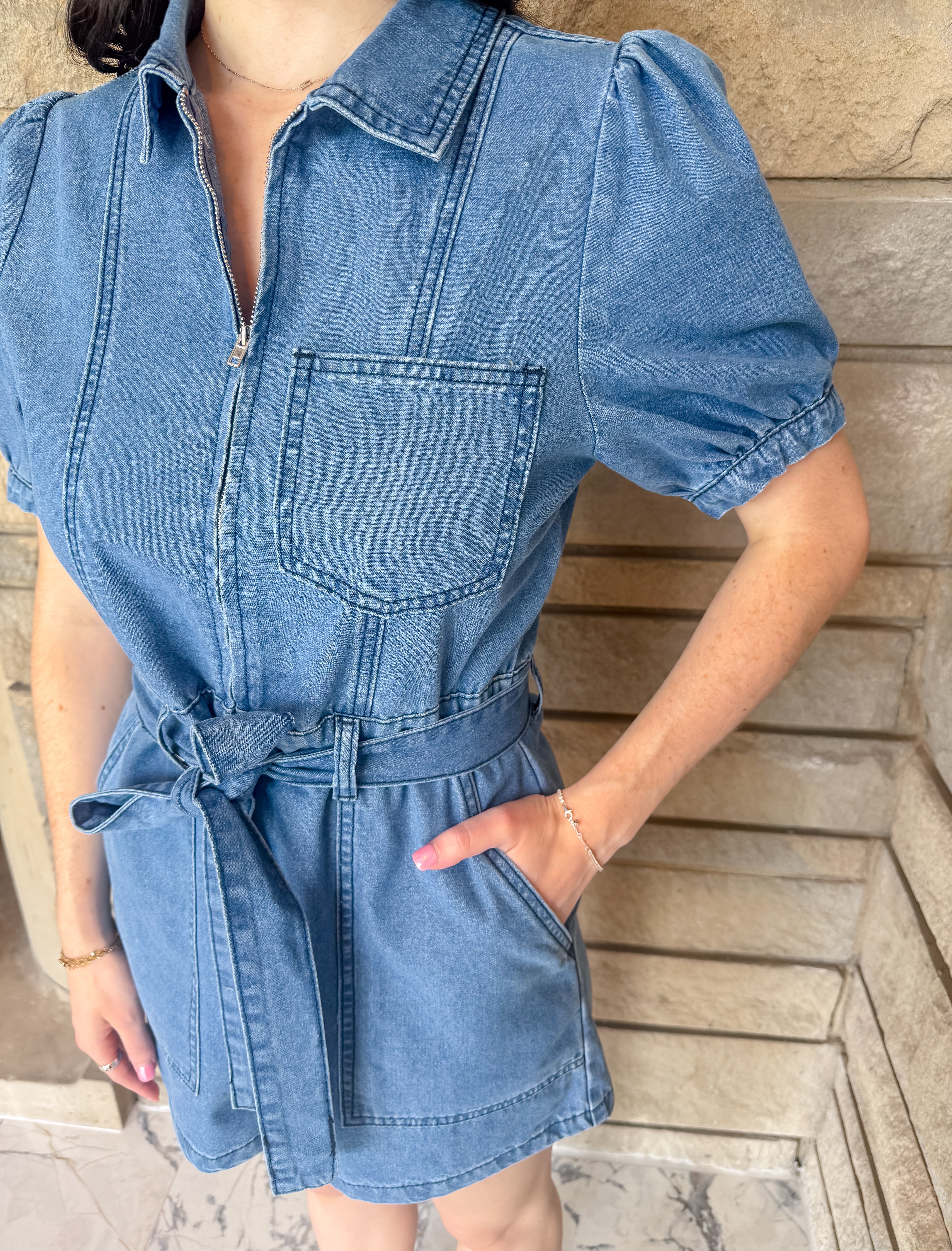 Camille Washed Denim Tie Romper
