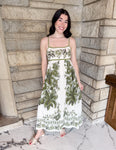 cream maxi dress with dark green vintage floral print
spaghetti straps