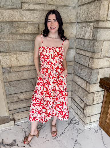 red and white floral midi dress
smocked
spaghetti straps