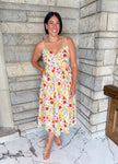 bright red and yellow floral midi dress spaghetti straps v neckline