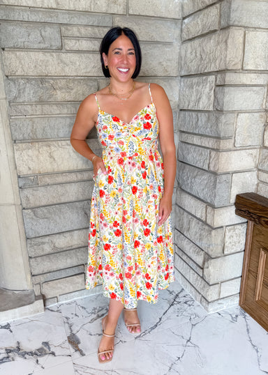 bright red and yellow floral midi dress spaghetti straps v neckline