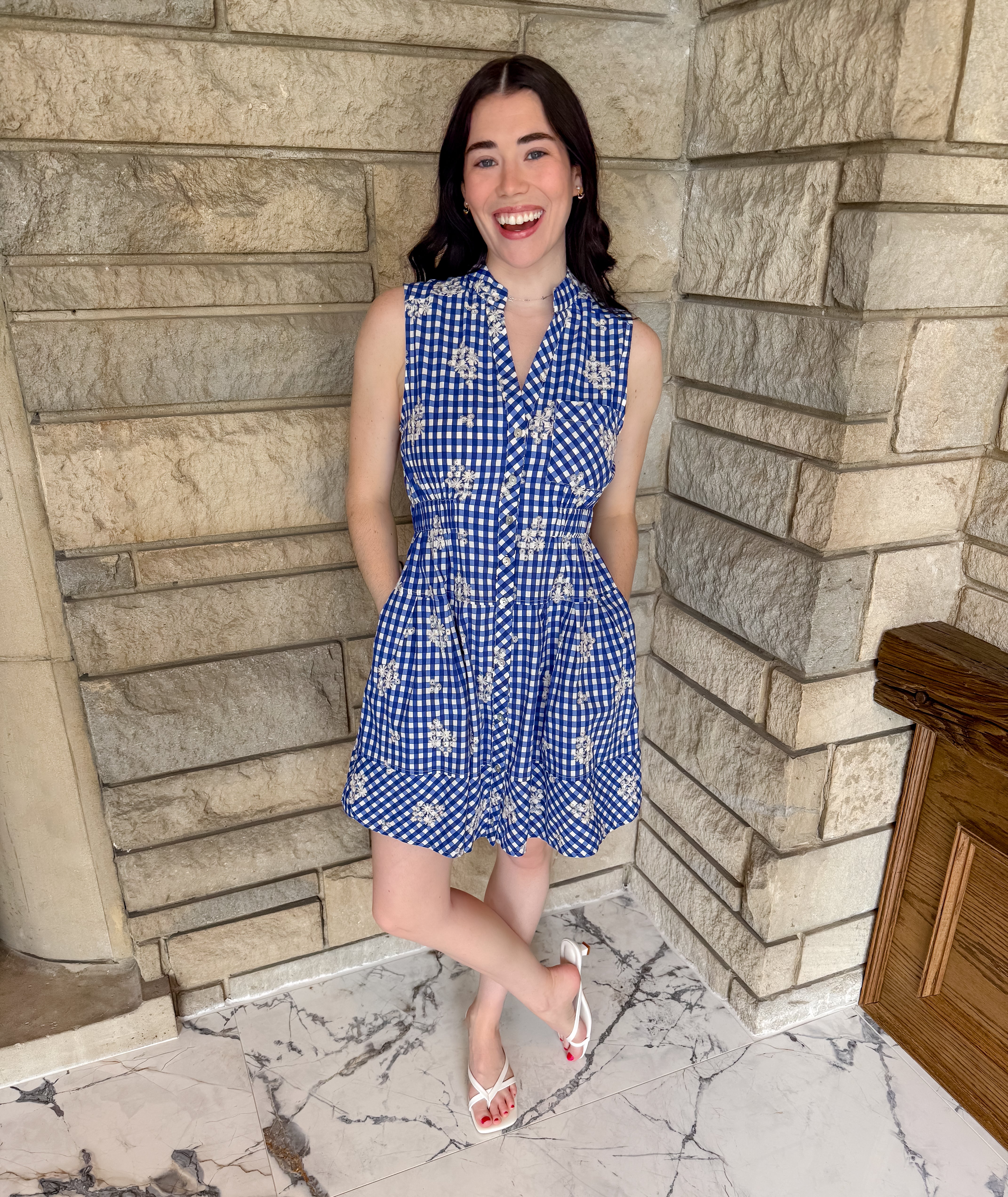 Royal blue gingham dress
white embroidered flowers
buttons
