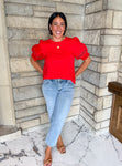 Red tshirt puff sleeves lace trim