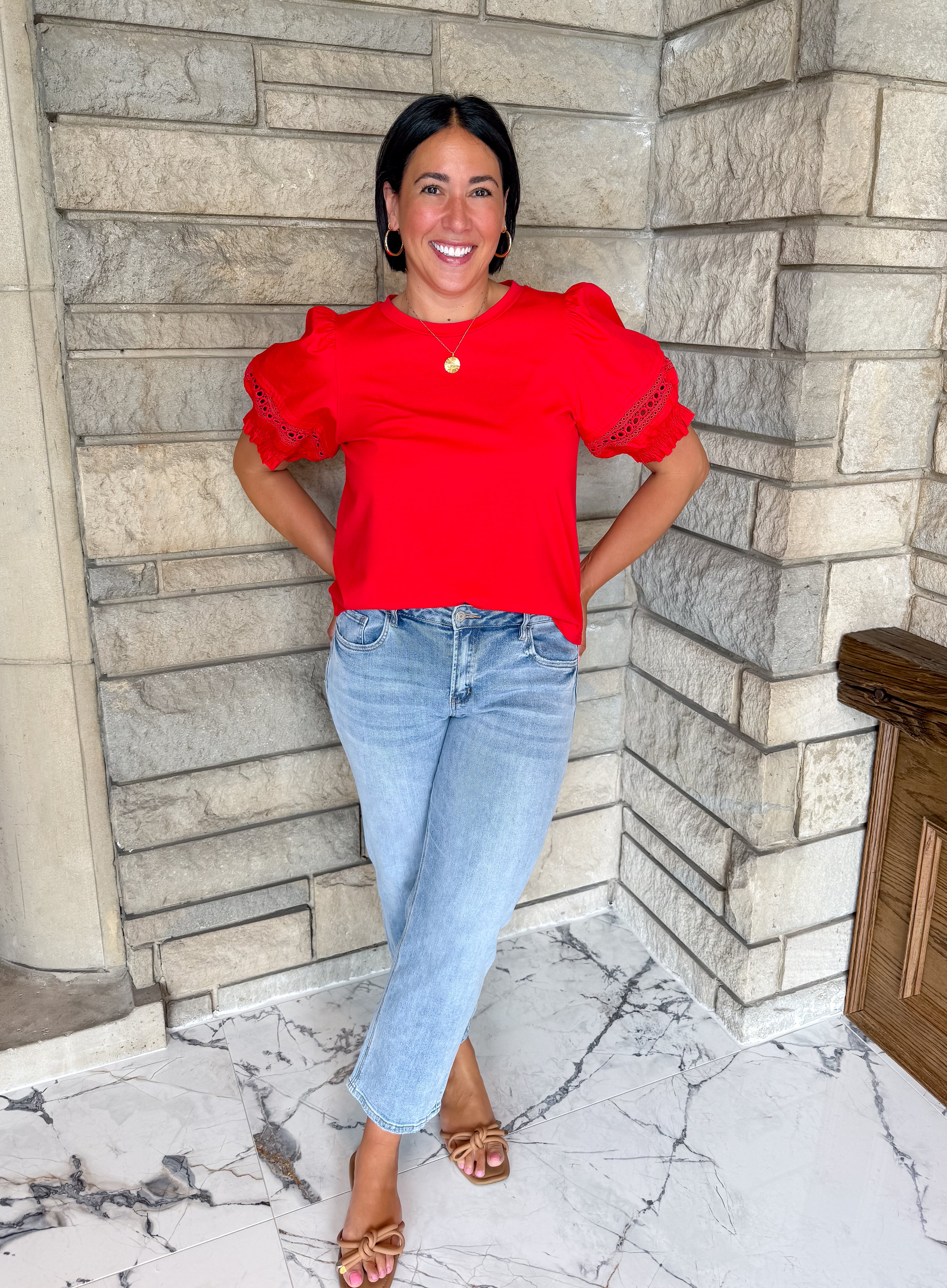 Red tshirt puff sleeves lace trim