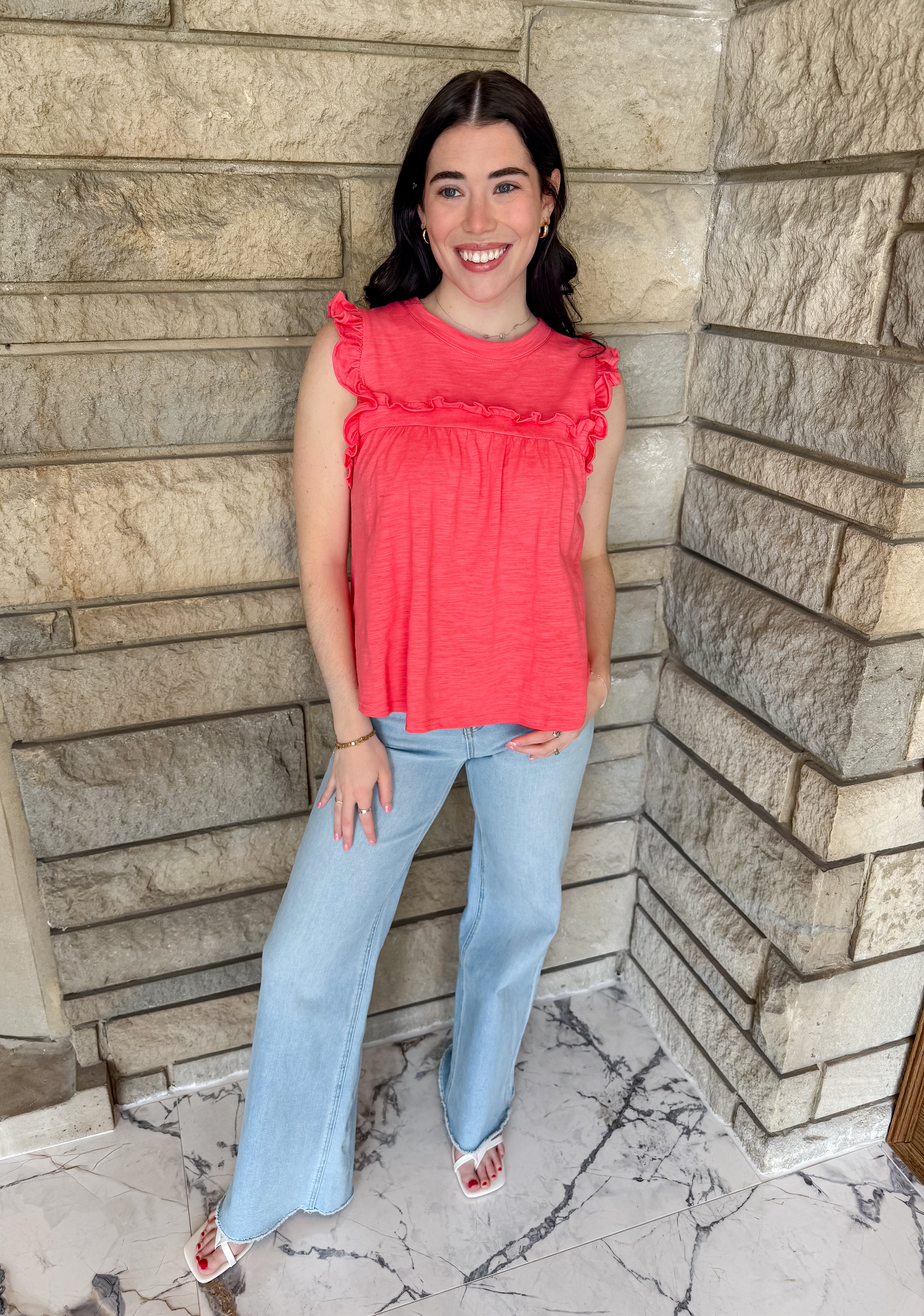 coral sleeveless tank 
mini ruffles 
flowy 