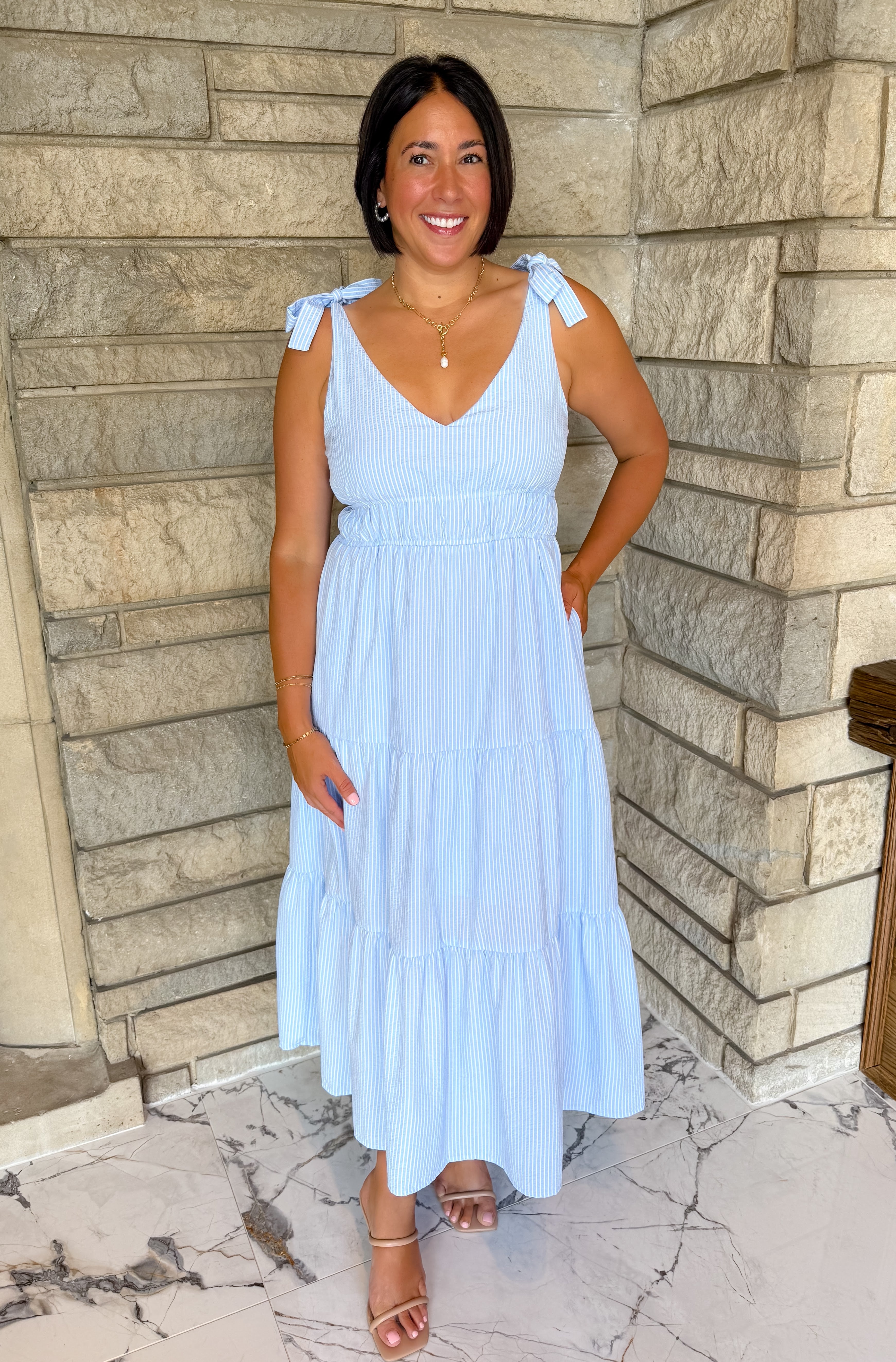 Nila Seersucker Tiered Midi Dress