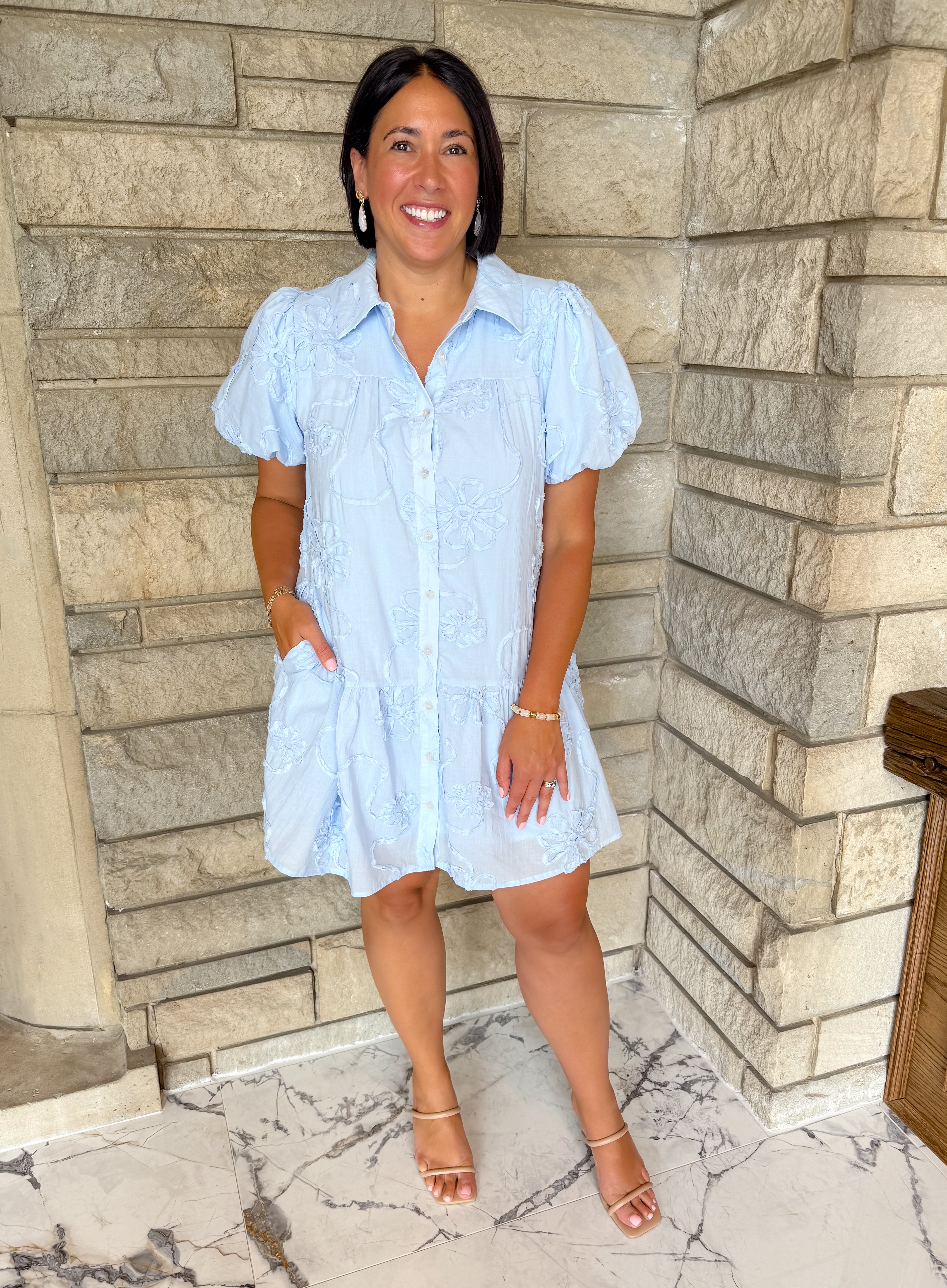 light blue dress floral applique collar buttons bottom ruffle bubble sleeve