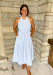 light blue and white vertical stripe halter midi dress tie neck